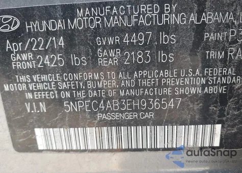 2014 Hyundai Sonata Se 2.0T from USA, damaged, VIN 5NPEC4AB3EH936547